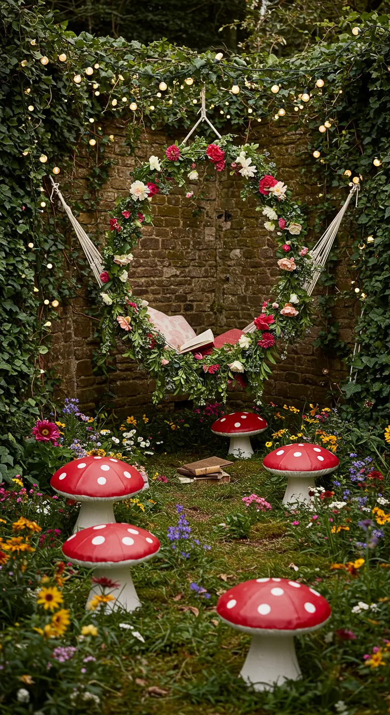 Hamac décoré d'une couronne de fleurs dans un jardin féerique.