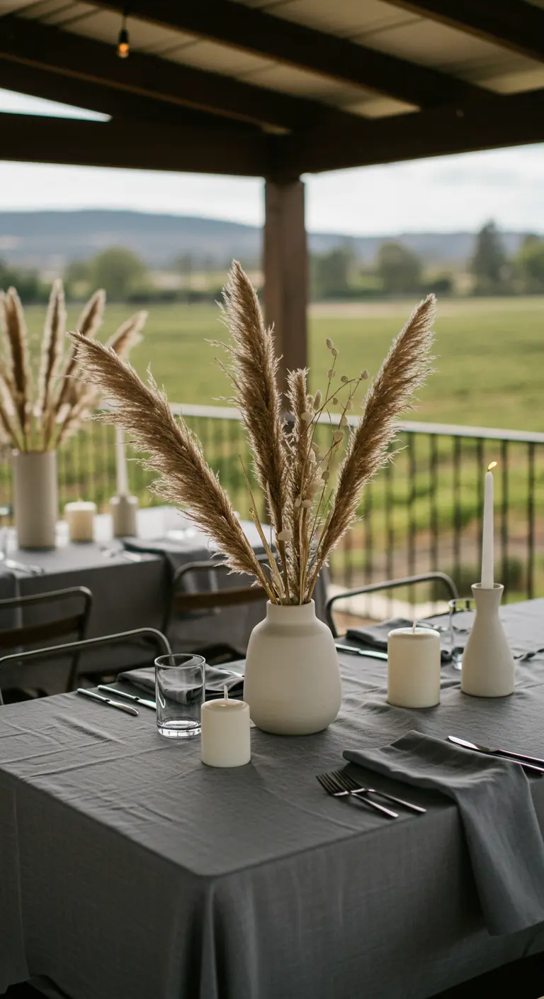 Vase blanc avec herbe de la pampa sur une table à la nappe grise.