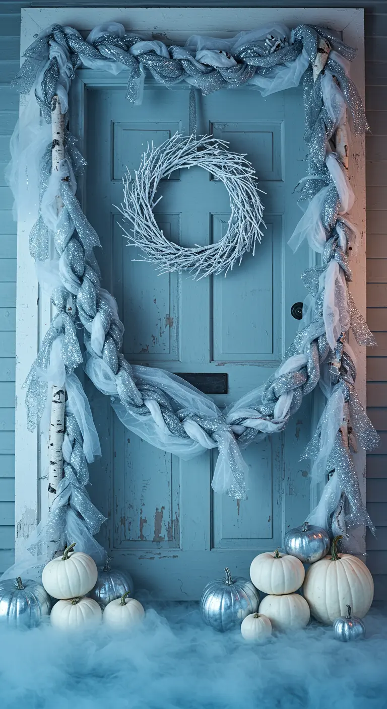 Porte bleue avec guirlande argentée, couronne blanche et citrouilles argentées.