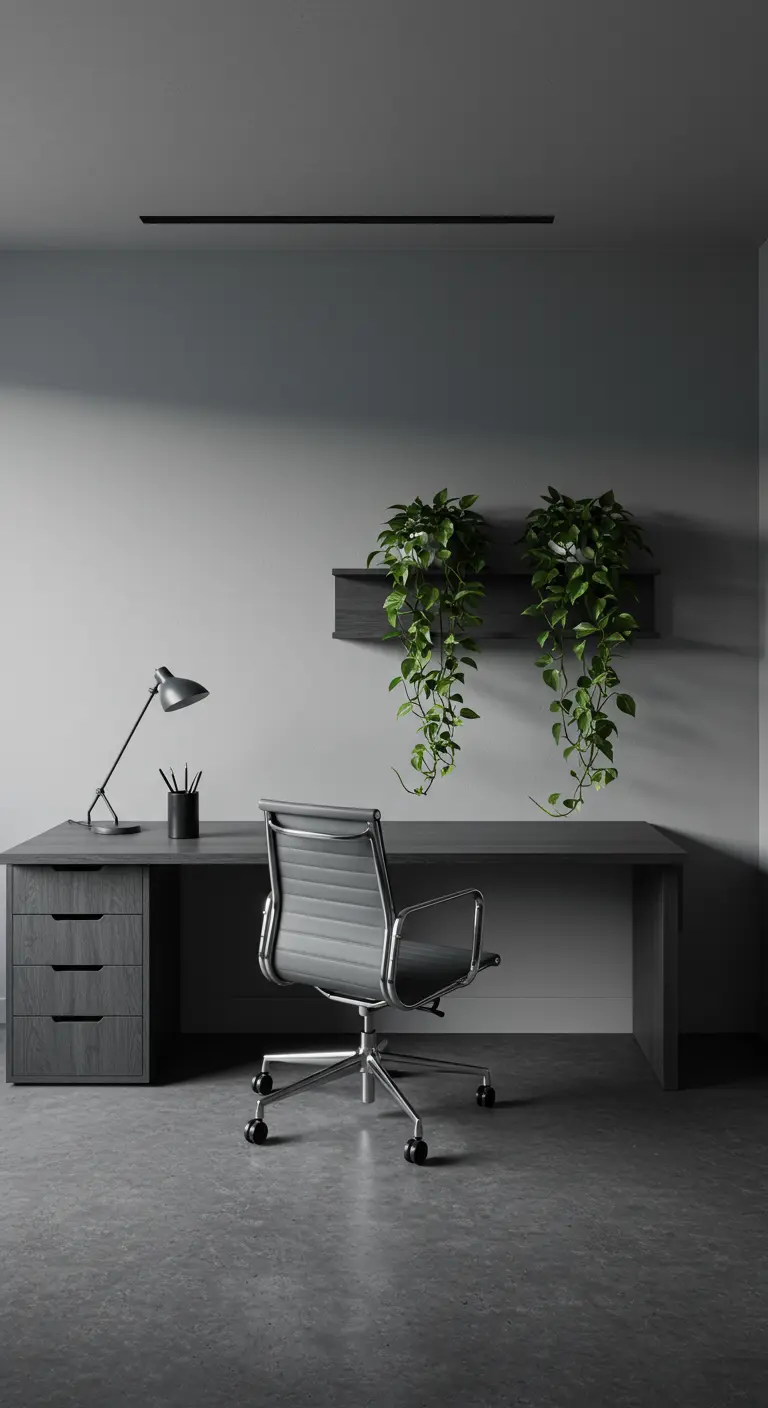 Bureau gris avec une chaise de bureau design et des plantes retombantes sur une étagère.