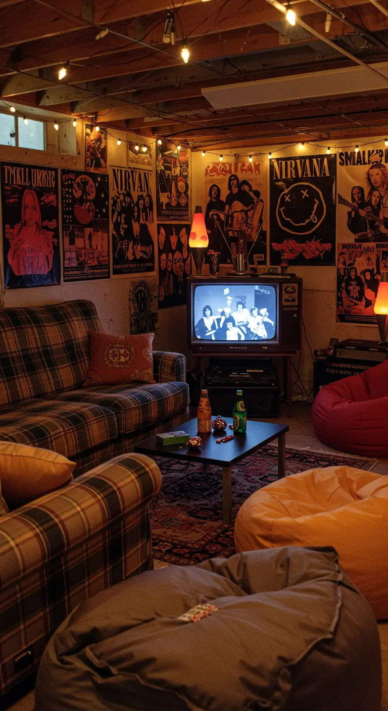 Sous-sol décoré avec des posters grunge et un vieux téléviseur.