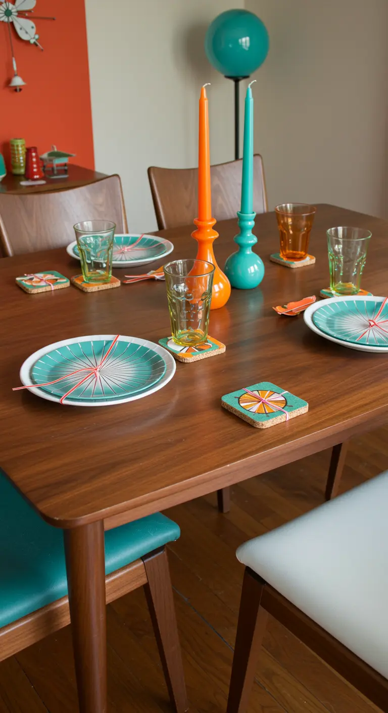 Table à manger de style rétro avec des sous-verres colorés en mosaïque et des bougies orange.