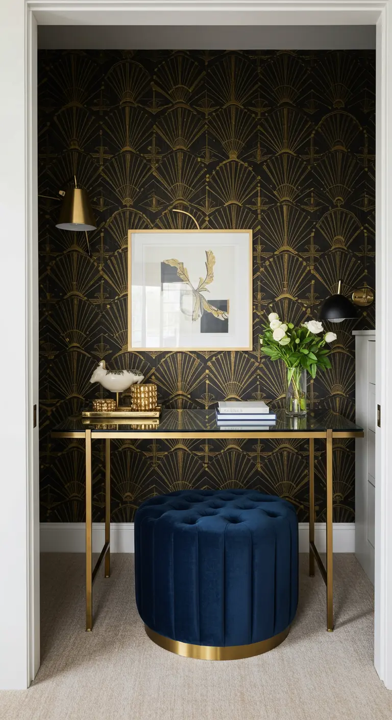 Bureau de style Art Déco avec papier peint à motifs dorés et pouf en velours bleu.