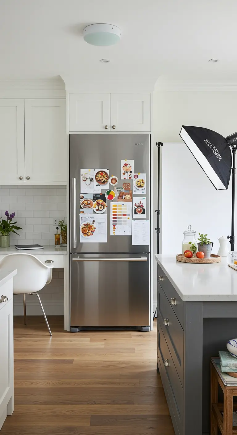 Petit coin bureau dans une cuisine, avec un moodboard sur le réfrigérateur.