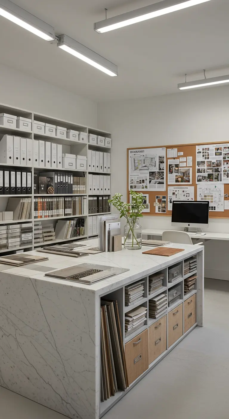 Studio de design d'intérieur avec un grand îlot en marbre et des rangements.