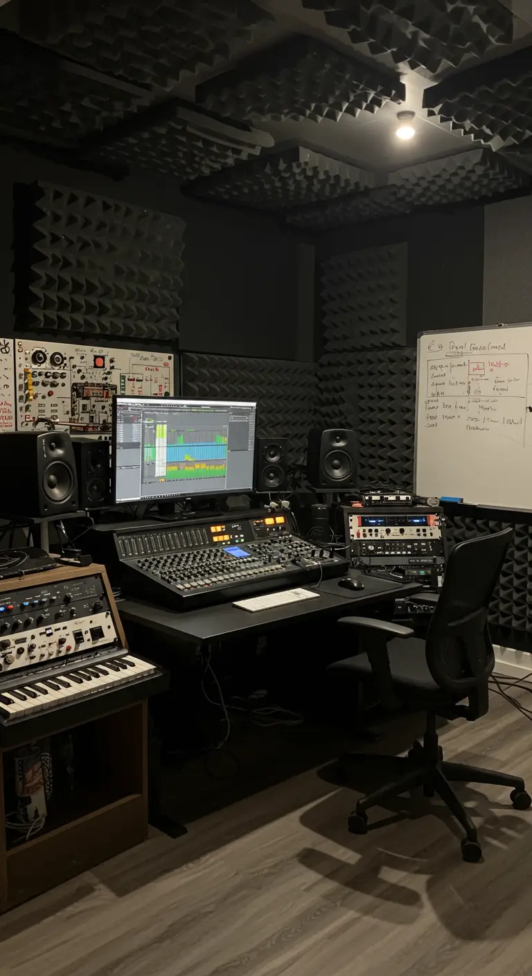 Studio de production musicale avec panneaux acoustiques, table de mixage et synthés.