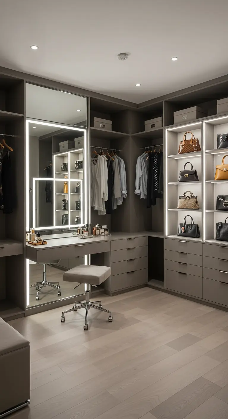 Dressing d'angle gris avec une coiffeuse intégrée et un grand miroir rectangulaire rétroéclairé.