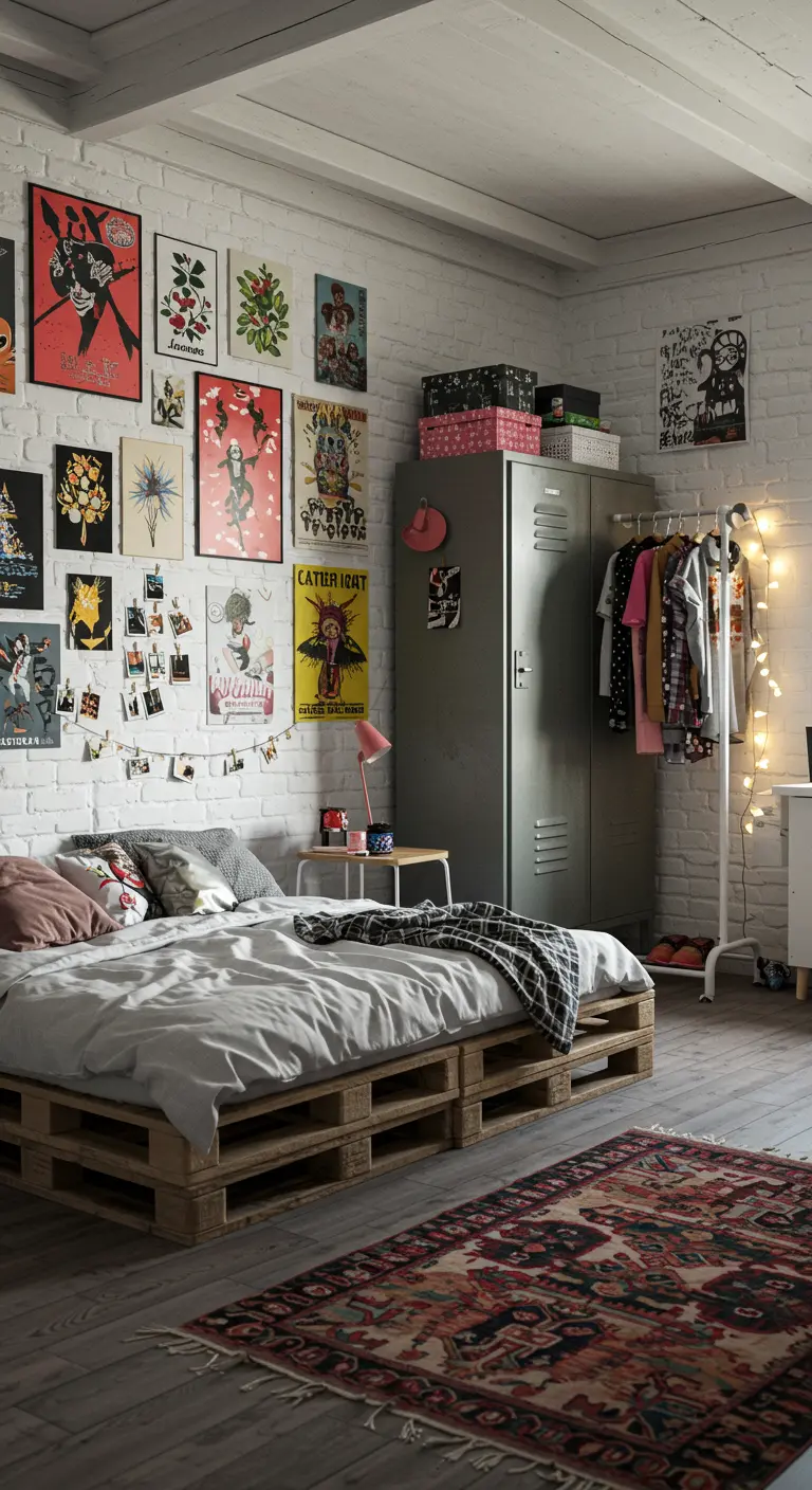 Chambre style industriel avec lit en palettes, casier métallique et mur de briques blanches.