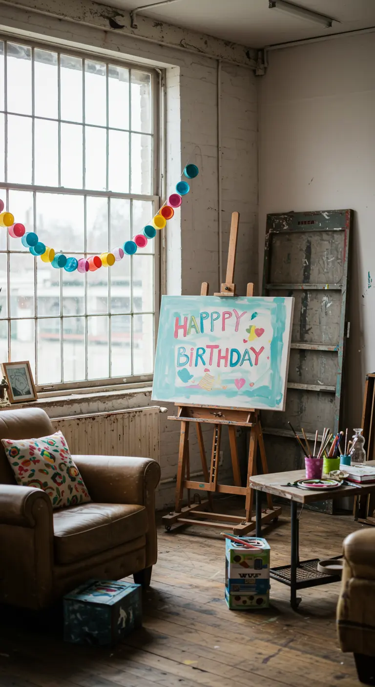 Toile peinte 'Happy Birthday' sur un chevalet dans un atelier d'artiste.