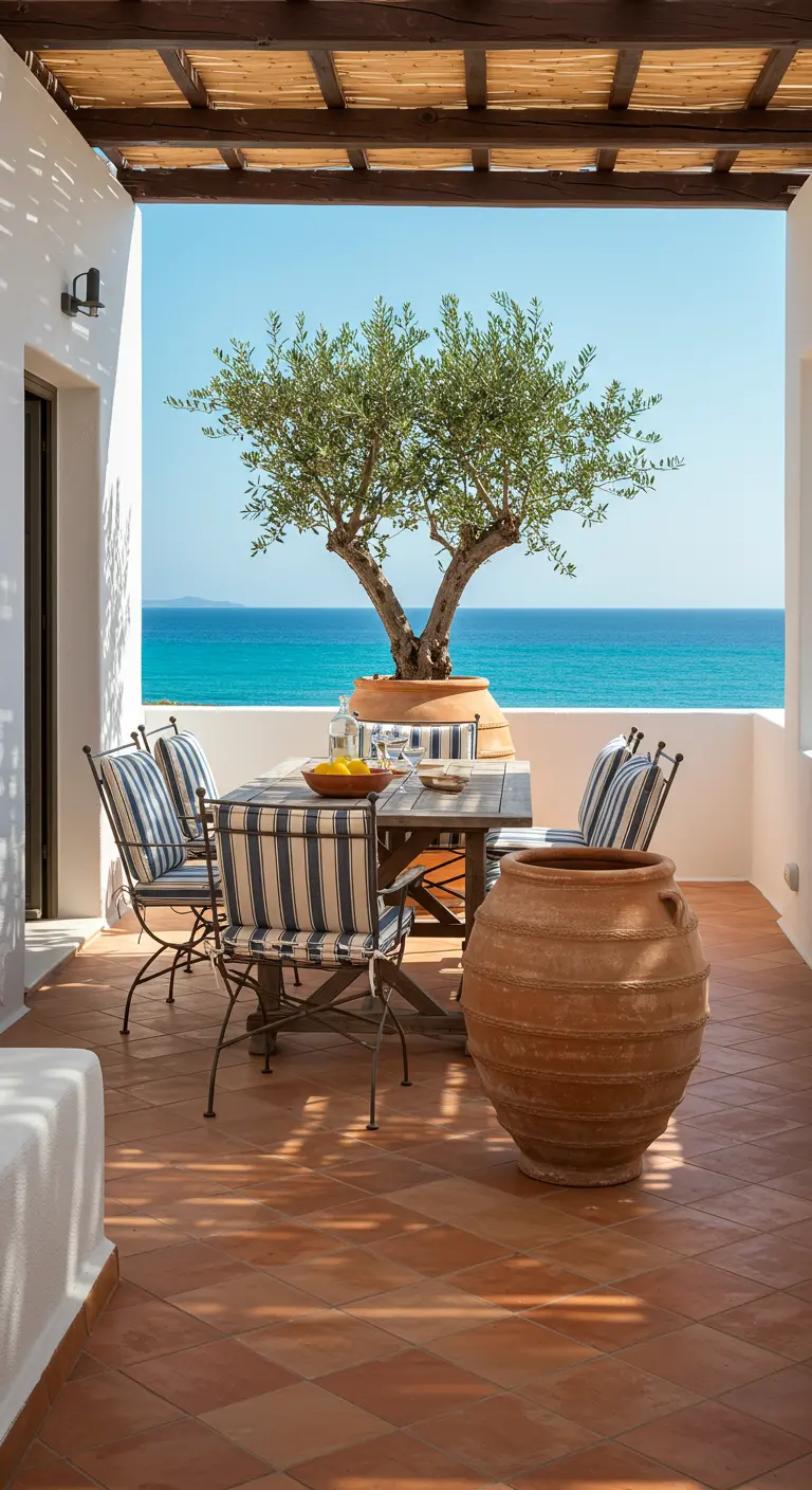Terrasse méditerranéenne avec un olivier en pot et vue sur la mer.