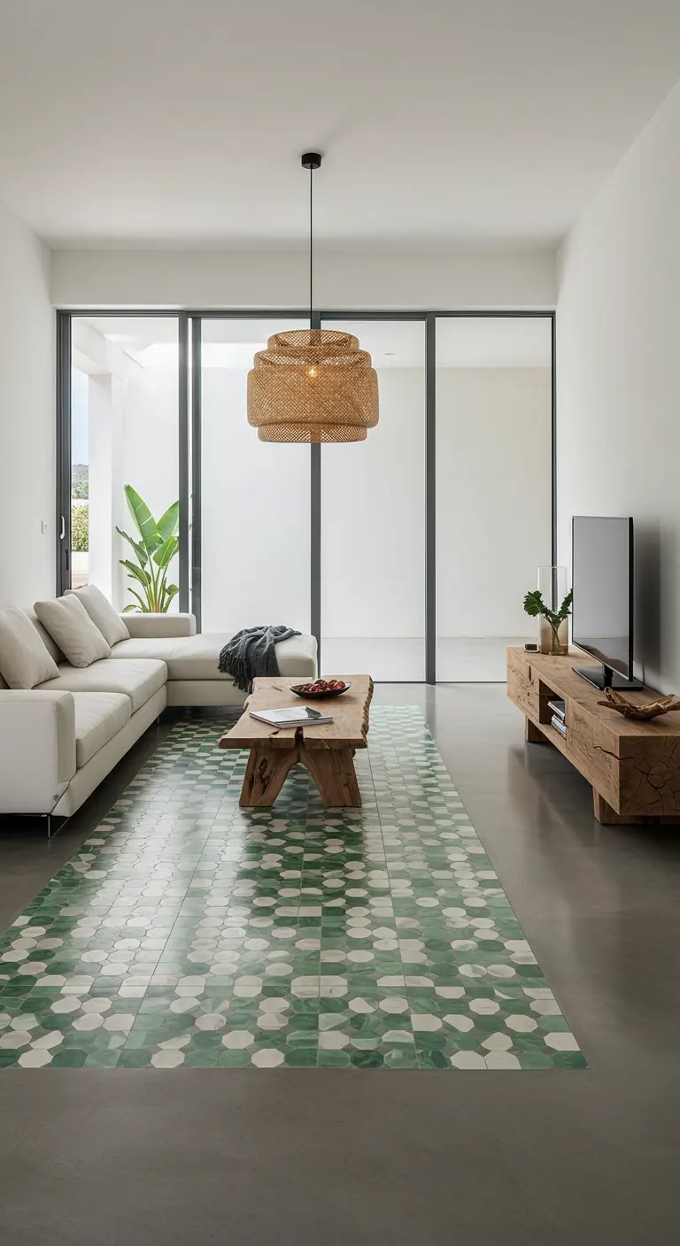 Salon moderne avec un tapis de carreaux de ciment verts et blancs sur sol en béton.