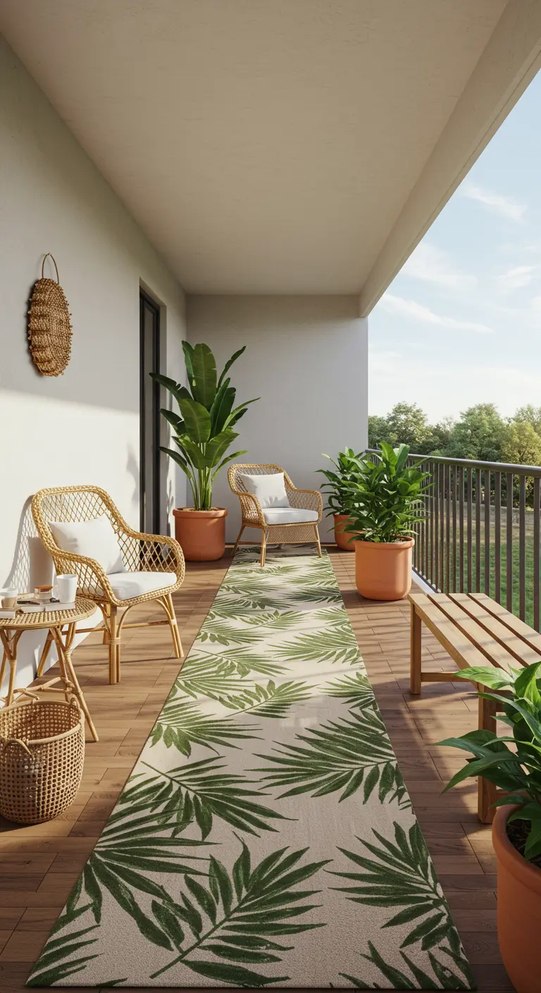 Long balcon avec un tapis de passage à motifs de palmes reliant deux coins salon en rotin.