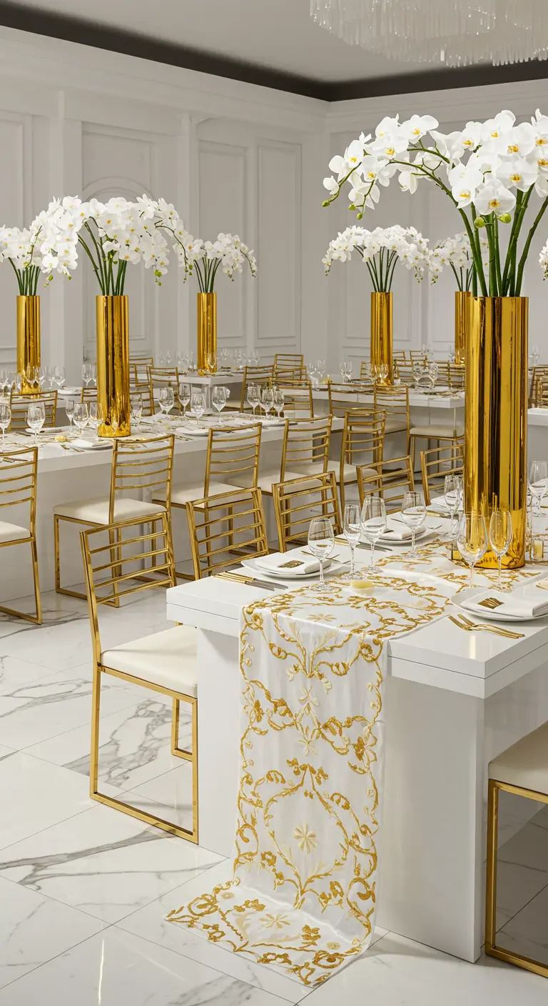 Salle de réception moderne, toute blanche, avec des chaises et des vases hauts dorés.