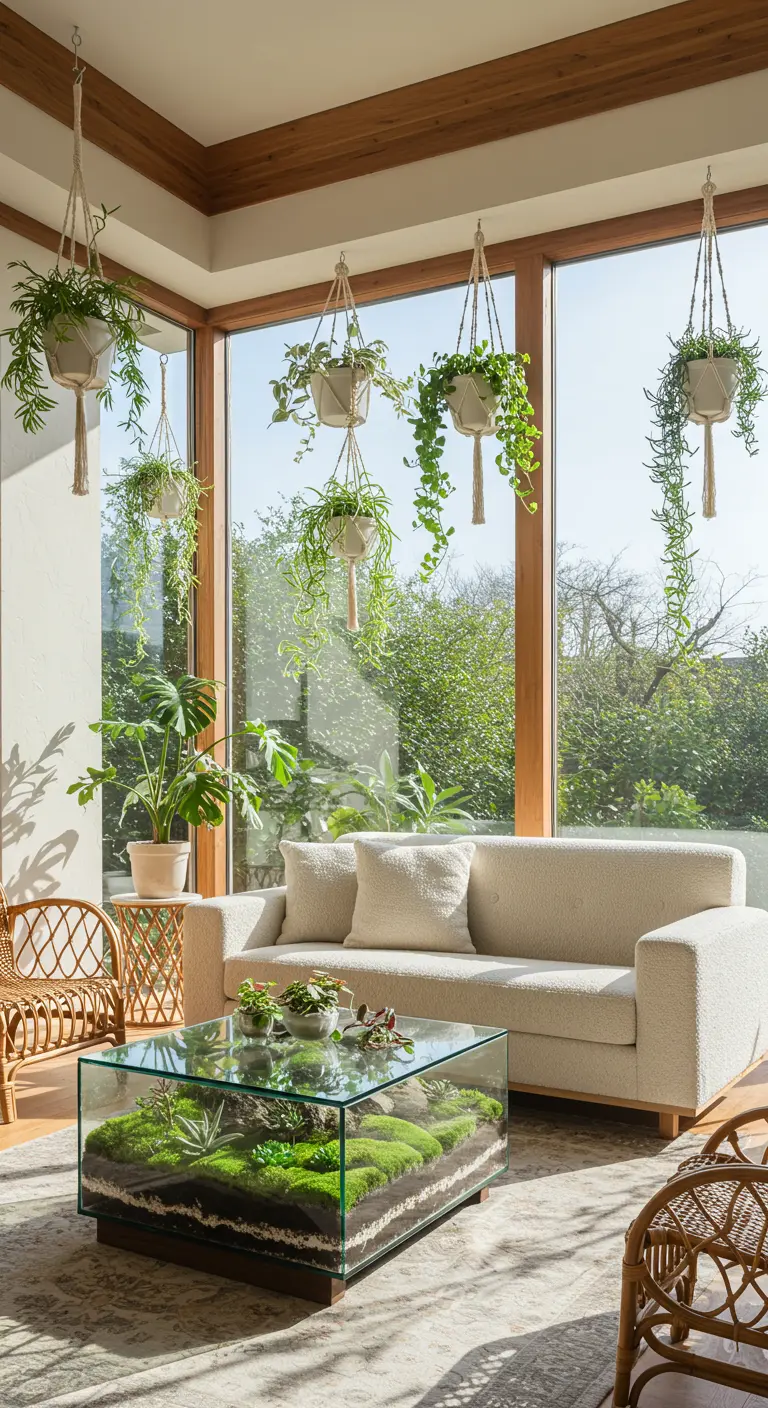 Table basse en verre de style terrarium remplie de terre, de mousse et de plantes vertes.