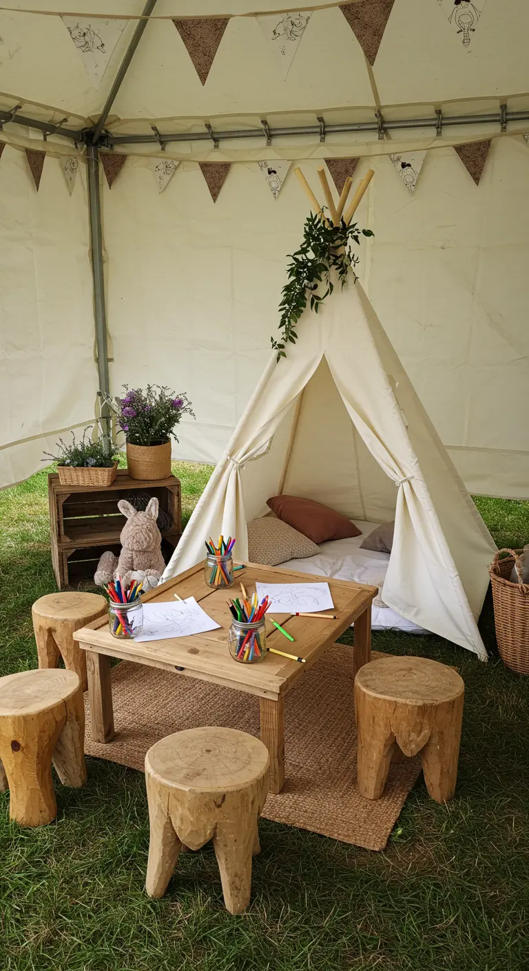 Coin pour enfants sous une tente avec un tipi, une petite table et des tabourets en bois.