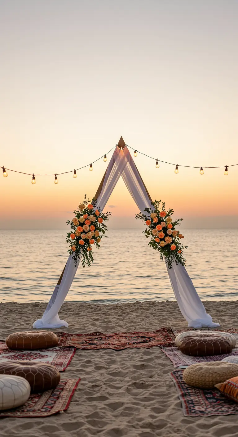 Arche de mariage en forme de A sur une plage au coucher du soleil, avec voilages blancs.