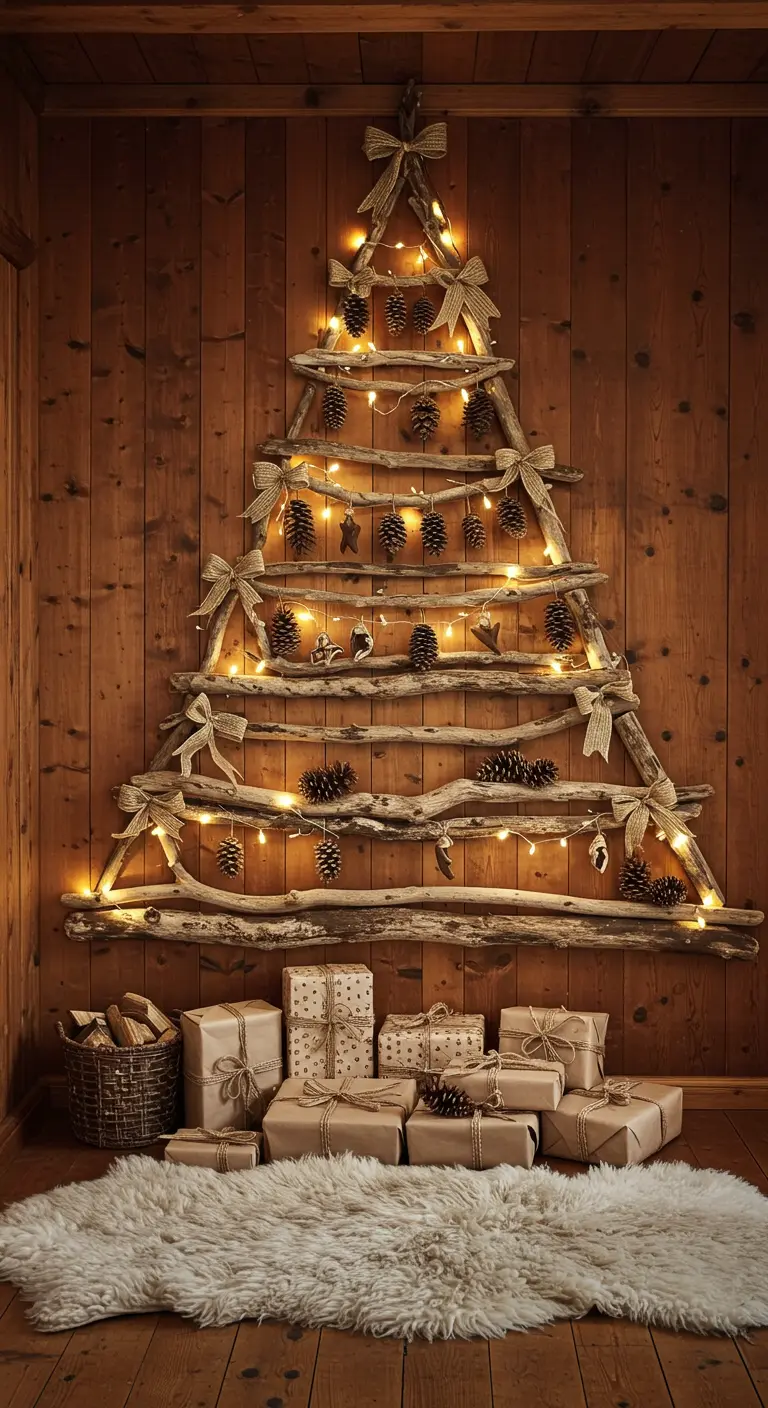 Grand sapin mural fait de branches de bois flotté, décoré de pommes de pin et de lumières.