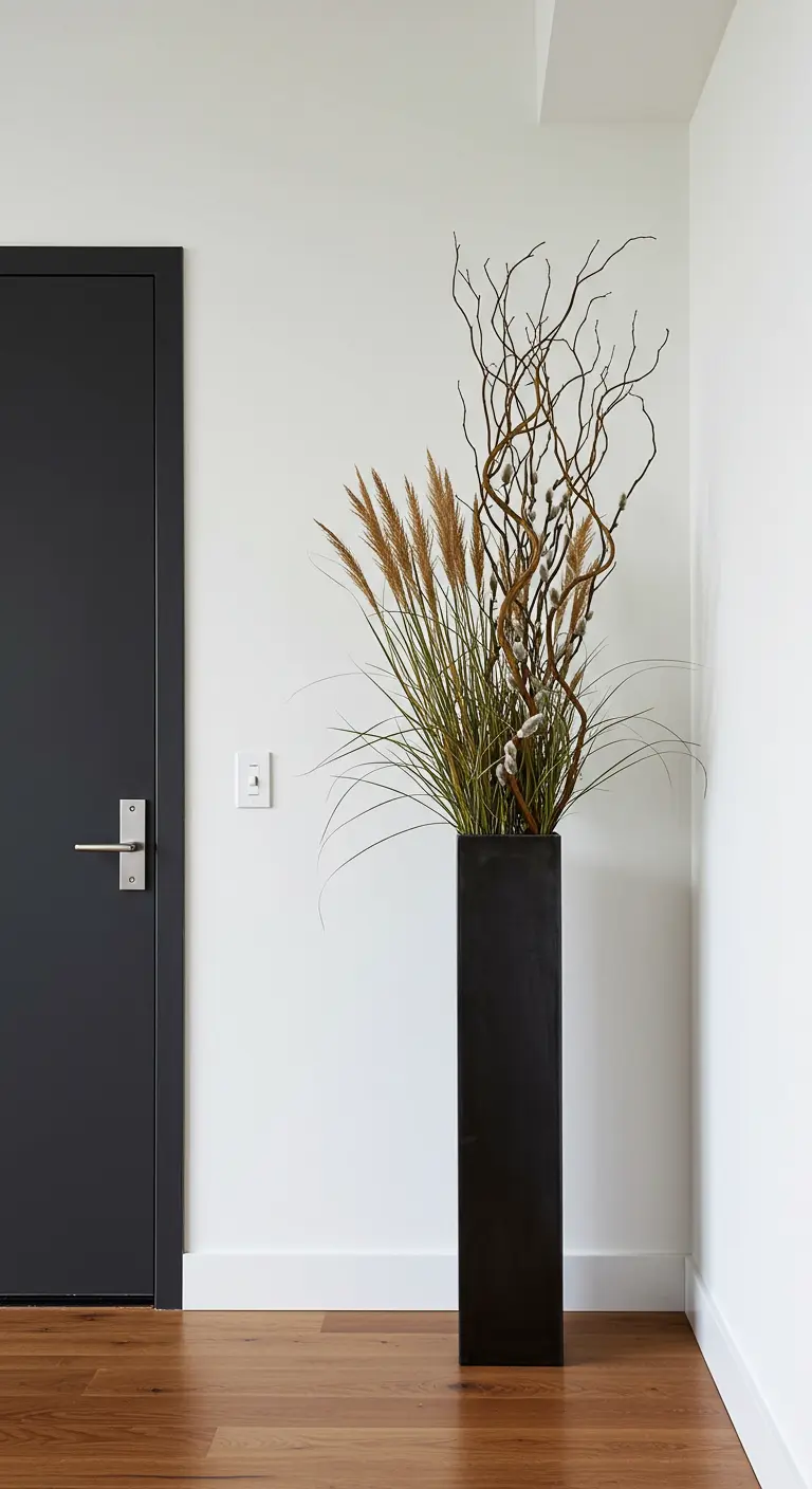 Une jardinière noire haute et fine avec des herbes de la pampa et des branches séchées.