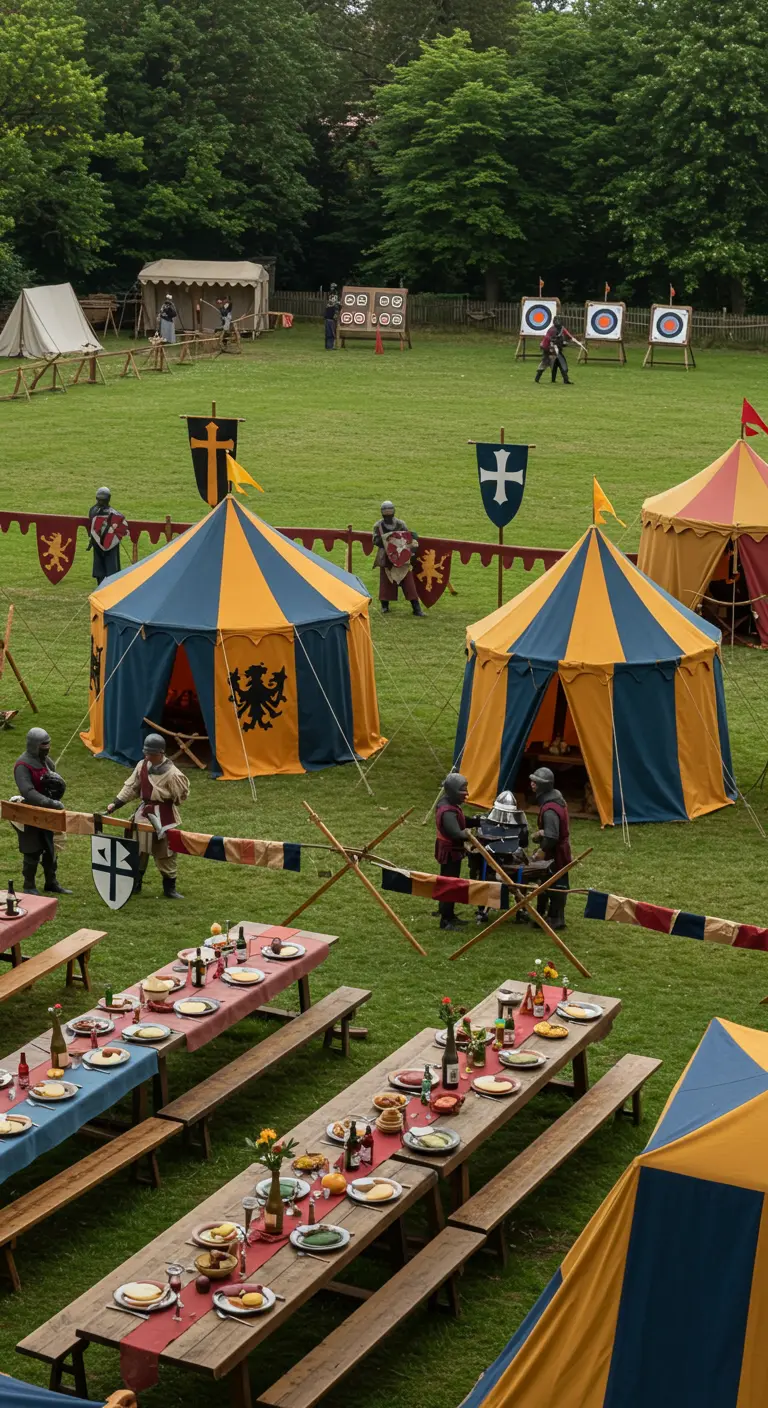 Campement de tournoi médiéval avec tentes colorées et cibles de tir à l'arc.