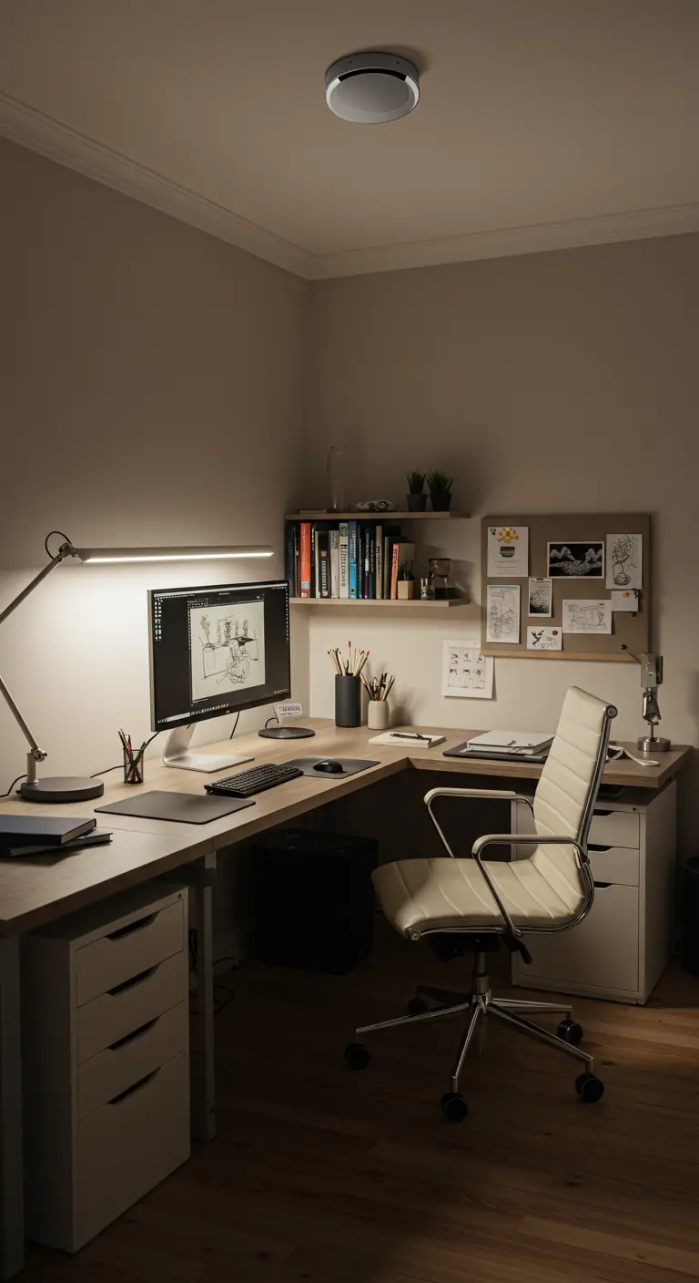 Grand bureau d'angle moderne avec une longue lampe de travail LED horizontale.