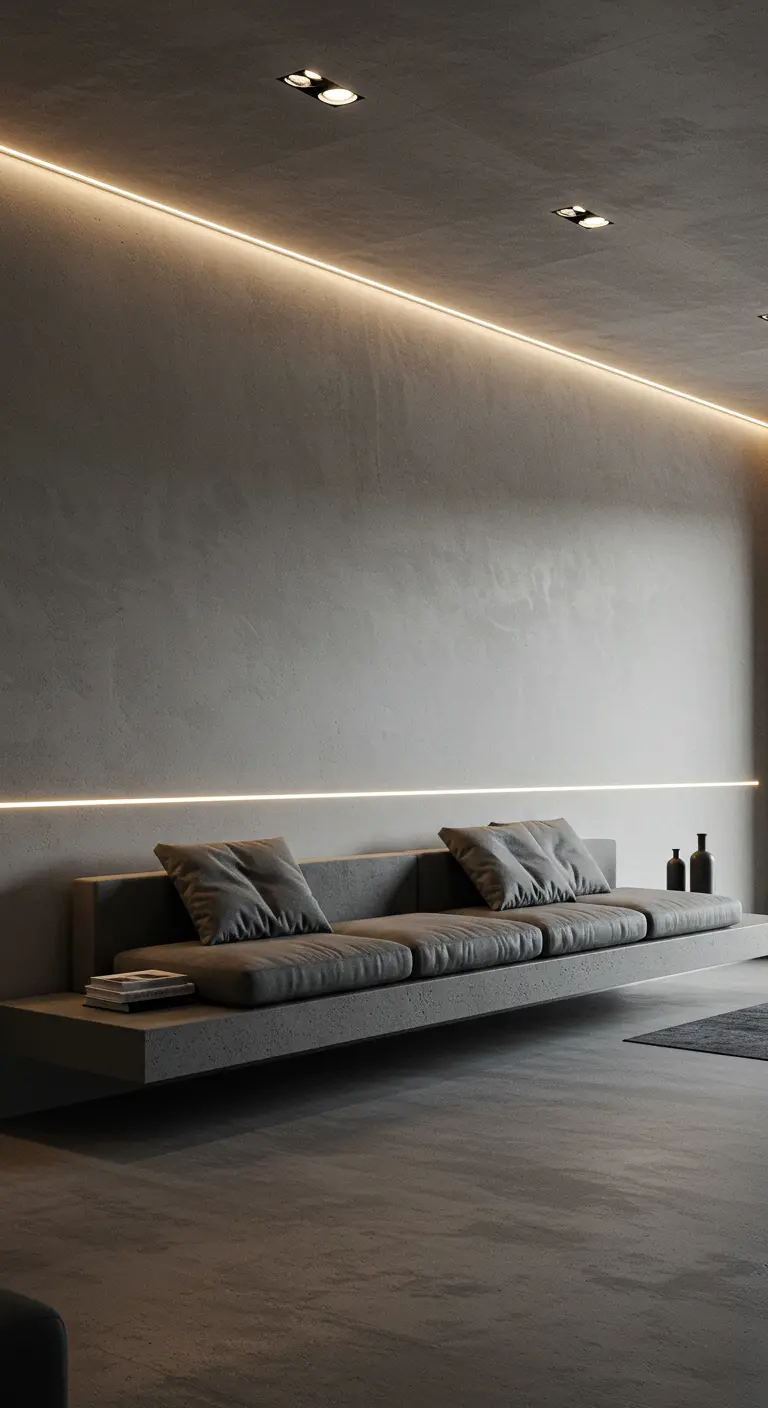 Banc en béton flottant avec des lignes de lumière LED encastrées au-dessus et en dessous.