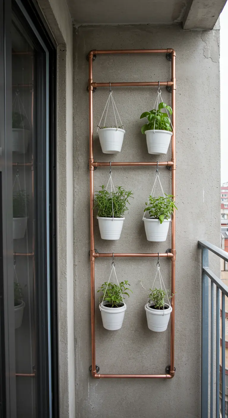 Structure en tuyaux de cuivre sur un mur de balcon, supportant des pots d'herbes.