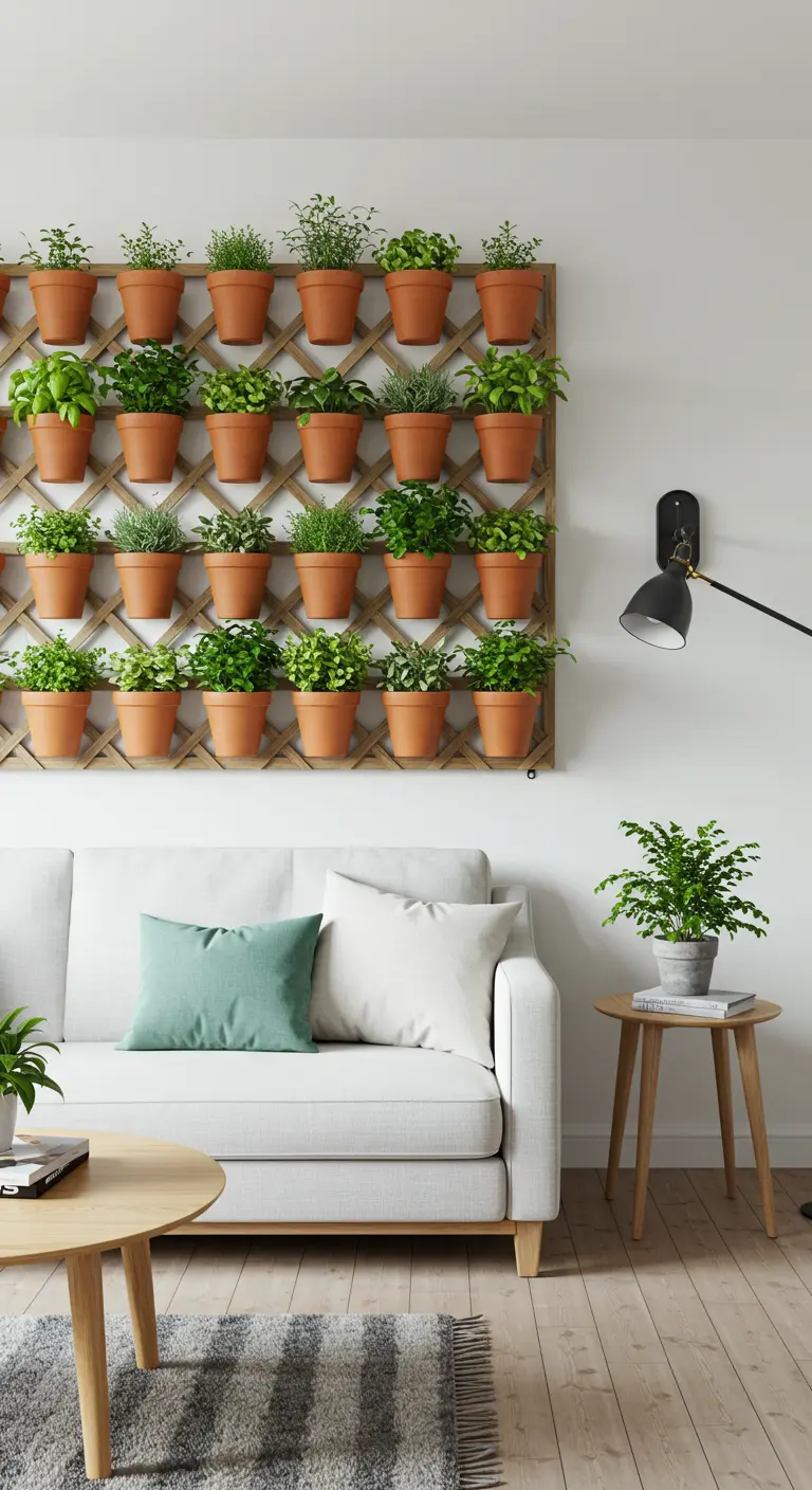 Treillis en bois mural avec des rangées de pots en terre cuite contenant des herbes aromatiques.