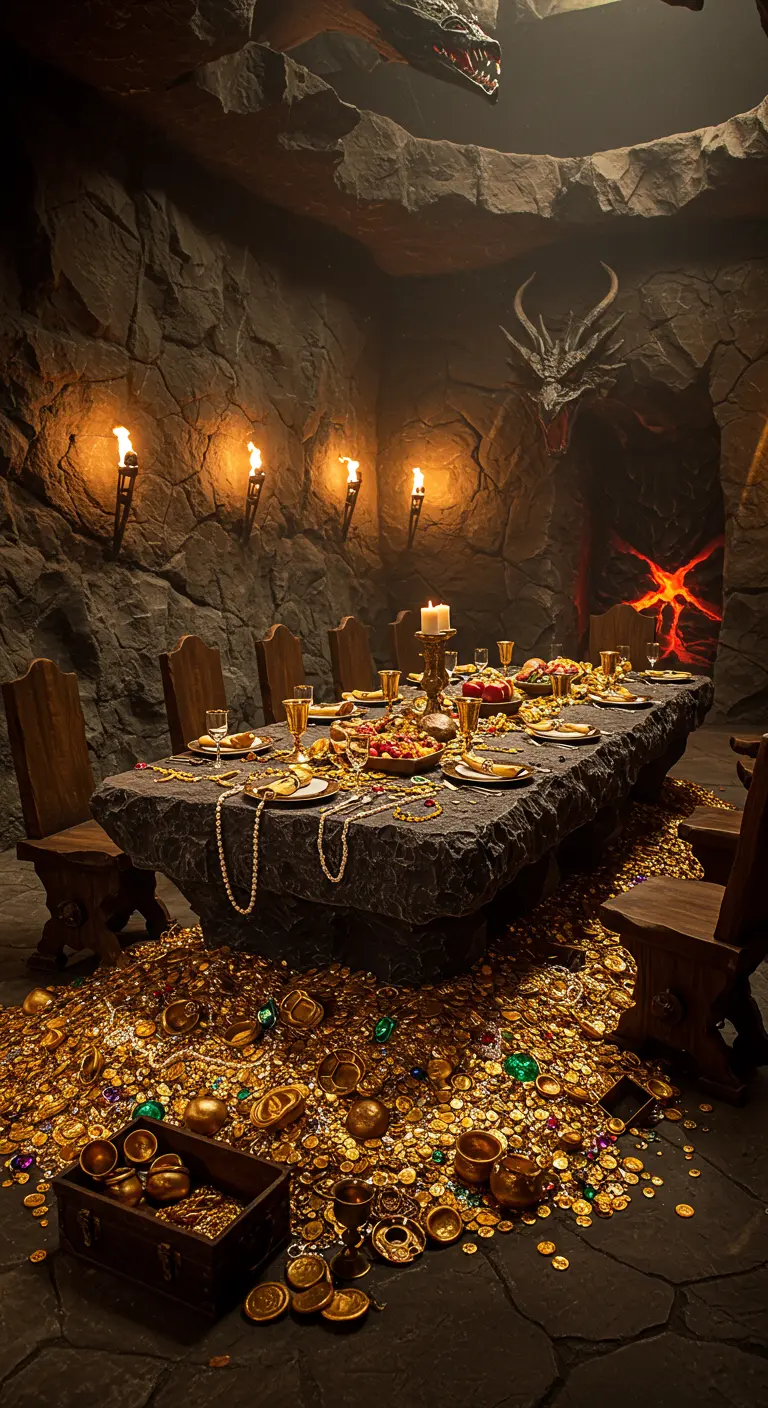 Table de banquet dans une grotte sombre, entourée de pièces d'or.