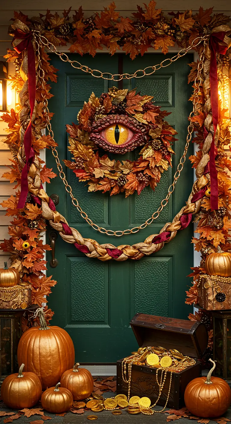 Porte verte avec une couronne en forme d'œil de dragon et un trésor.