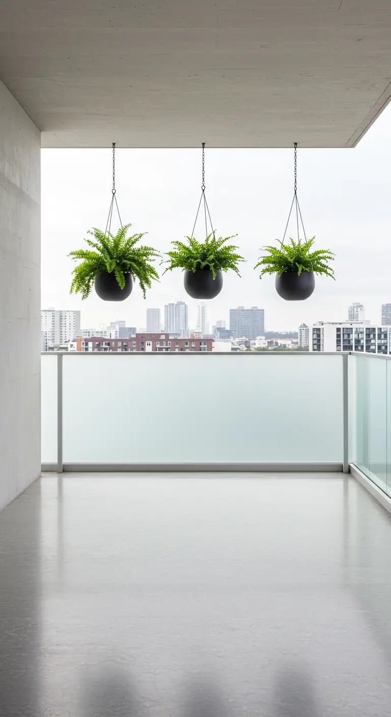 Trois pots noirs suspendus avec des fougères sur un balcon moderne.
