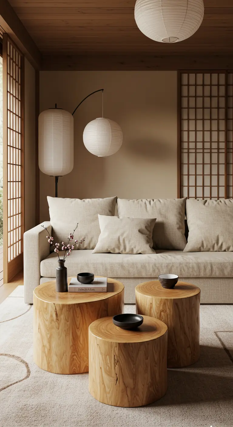 Trois tables basses cylindriques en bois brut de différentes hauteurs dans un salon de style Japandi.