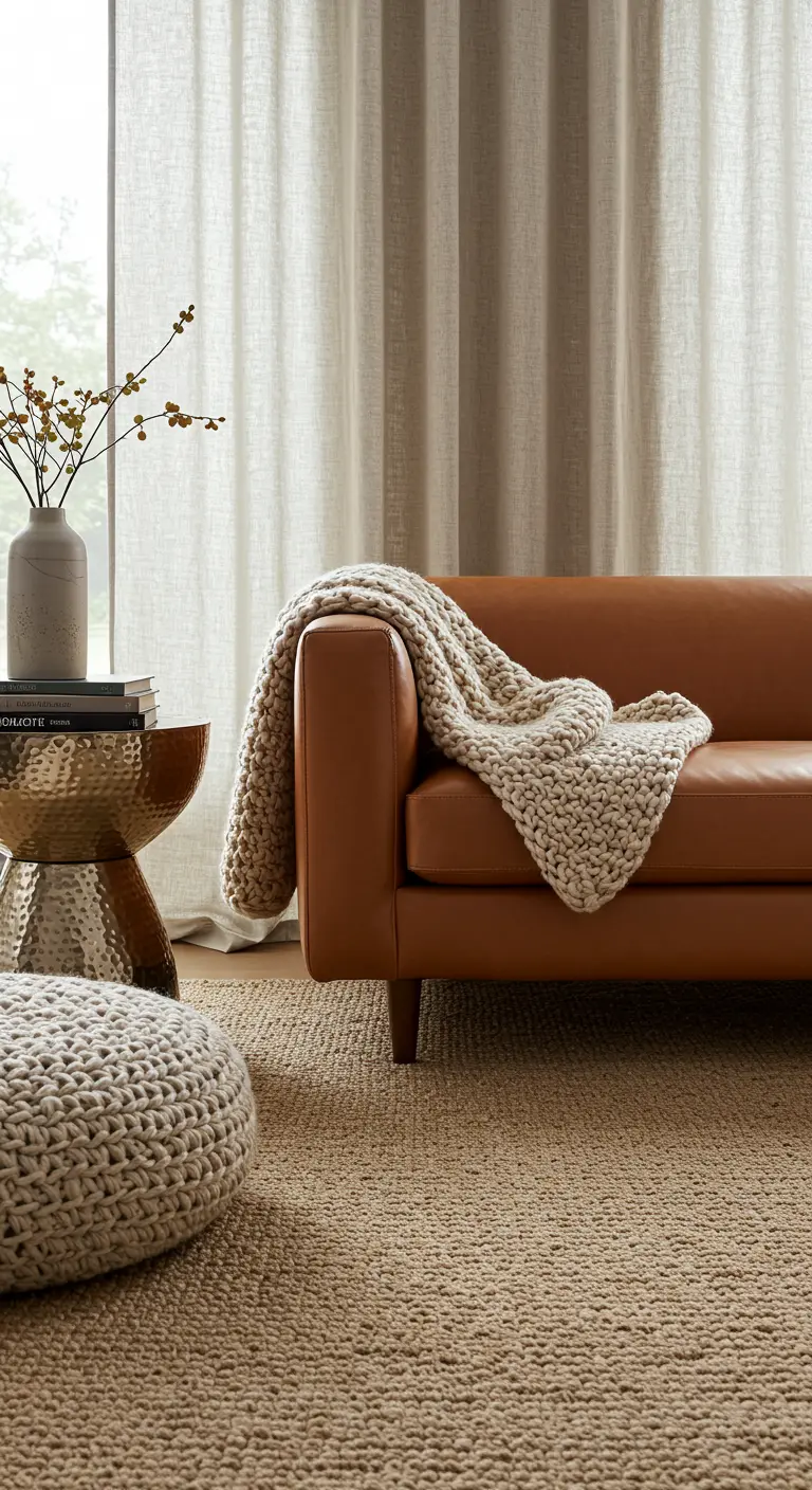 Canapé en cuir cognac avec un plaid en grosse maille et un pouf tricoté.