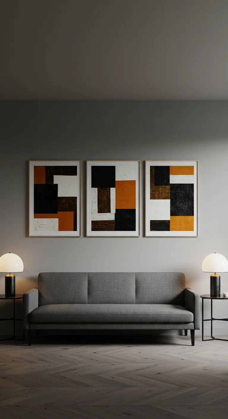 Trois tableaux alignés avec des compositions géométriques abstraites ocre et noir.