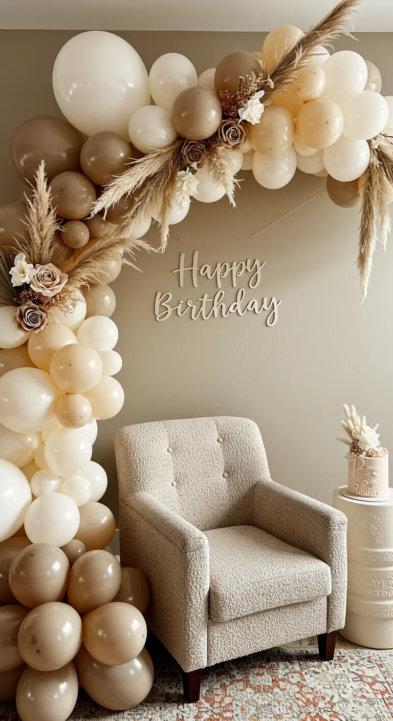 Arche de ballons dans des tons beiges et crème au-dessus d'un fauteuil confortable.