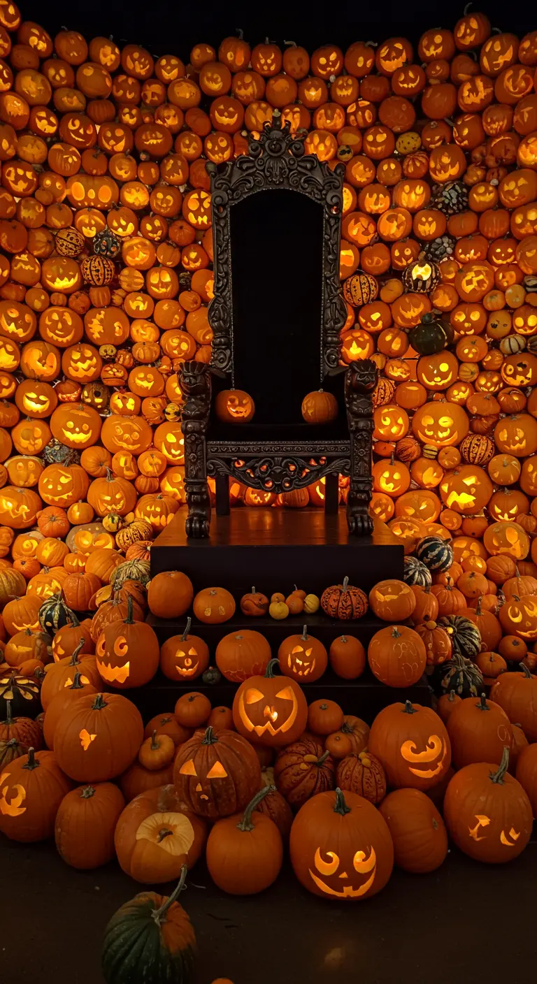 Trône gothique devant un mur entièrement composé de citrouilles illuminées.
