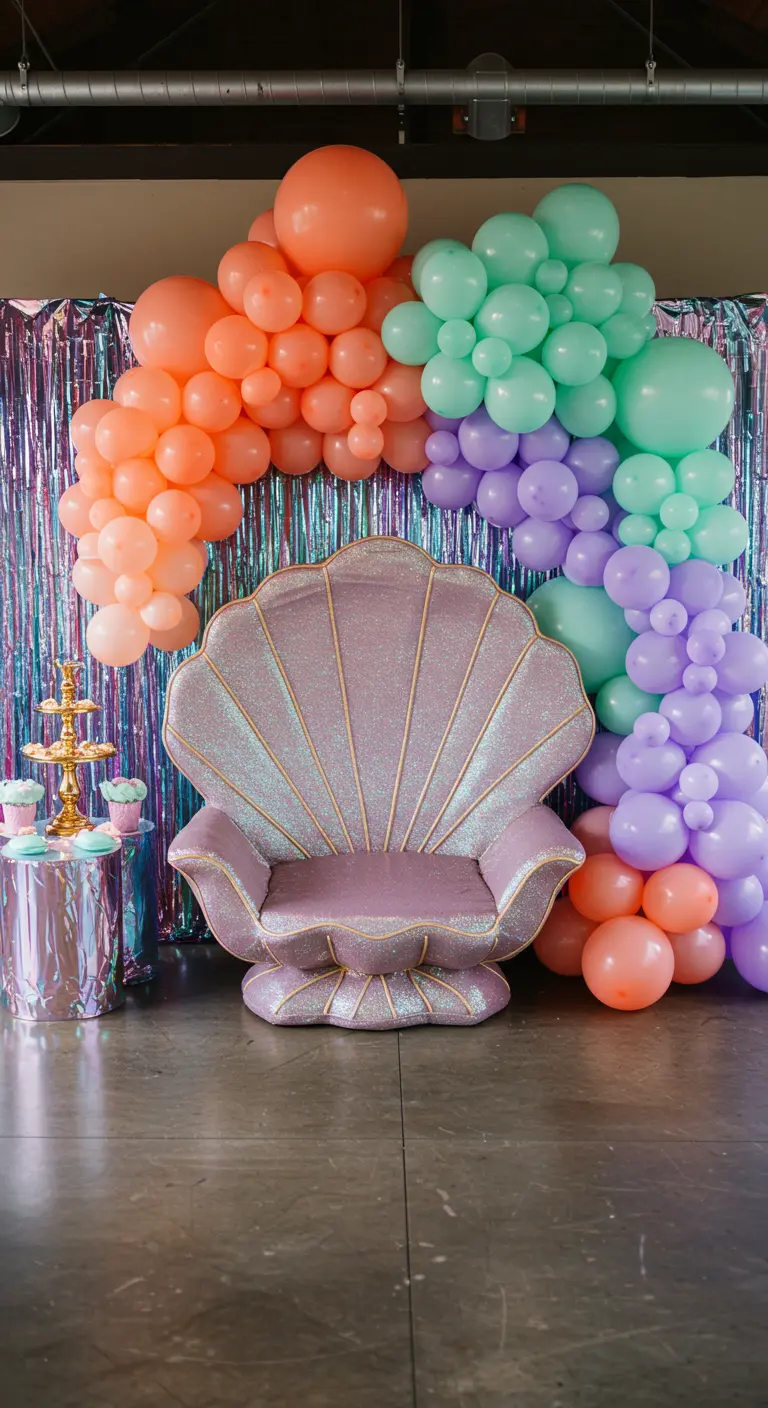 Un fauteuil en forme de coquillage pailleté, entouré de ballons colorés.