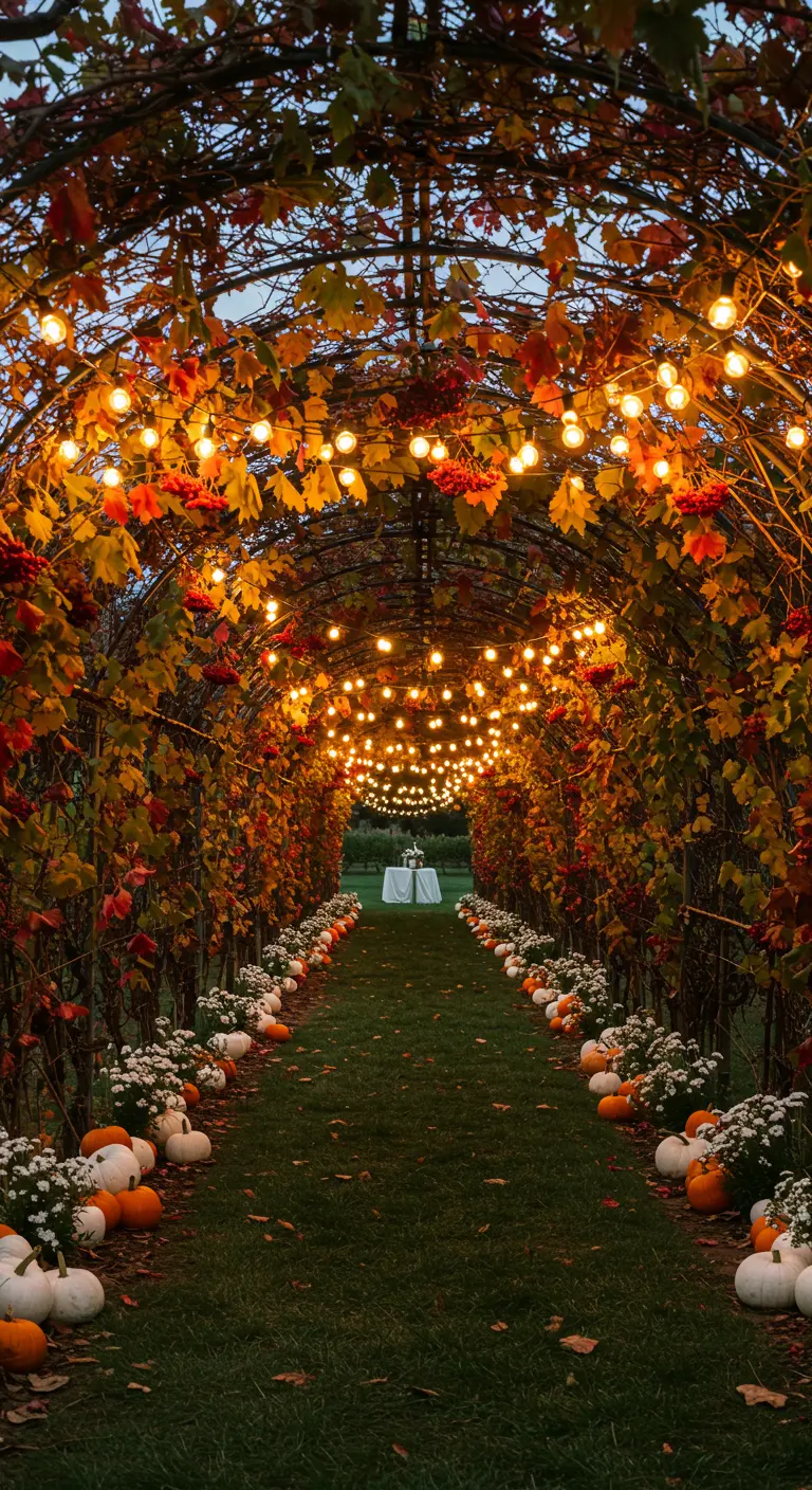 Tunnel végétal illuminé de guirlandes, bordé de citrouilles pour un mariage d'automne.