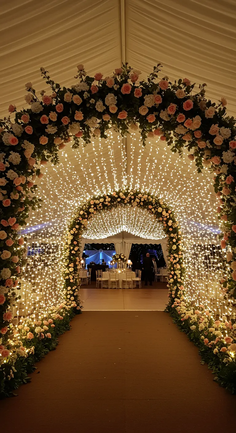 Tunnel d'arches de mariage illuminé par des milliers de guirlandes et garni de roses.