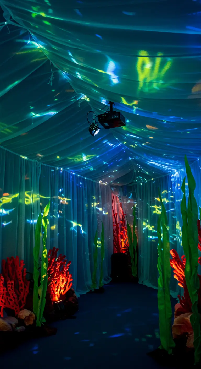 Tunnel décoré de voilages bleus avec des projections d'eau et des algues artificielles.