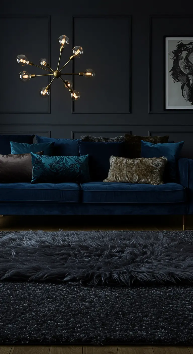 Salon sombre avec canapé en velours bleu et tapis en fausse fourrure.