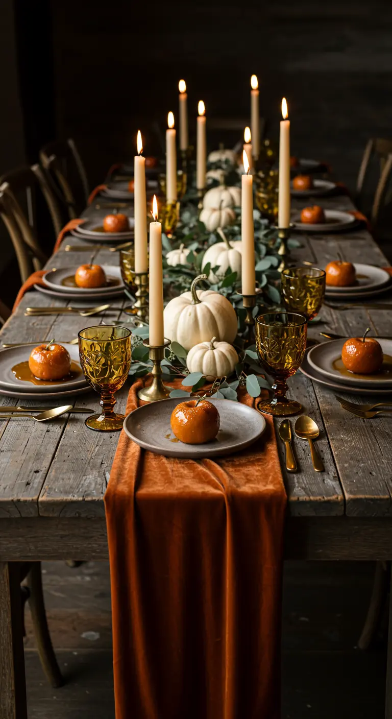 Table de dîner rustique avec chemin de table en velours orange et bougies.
