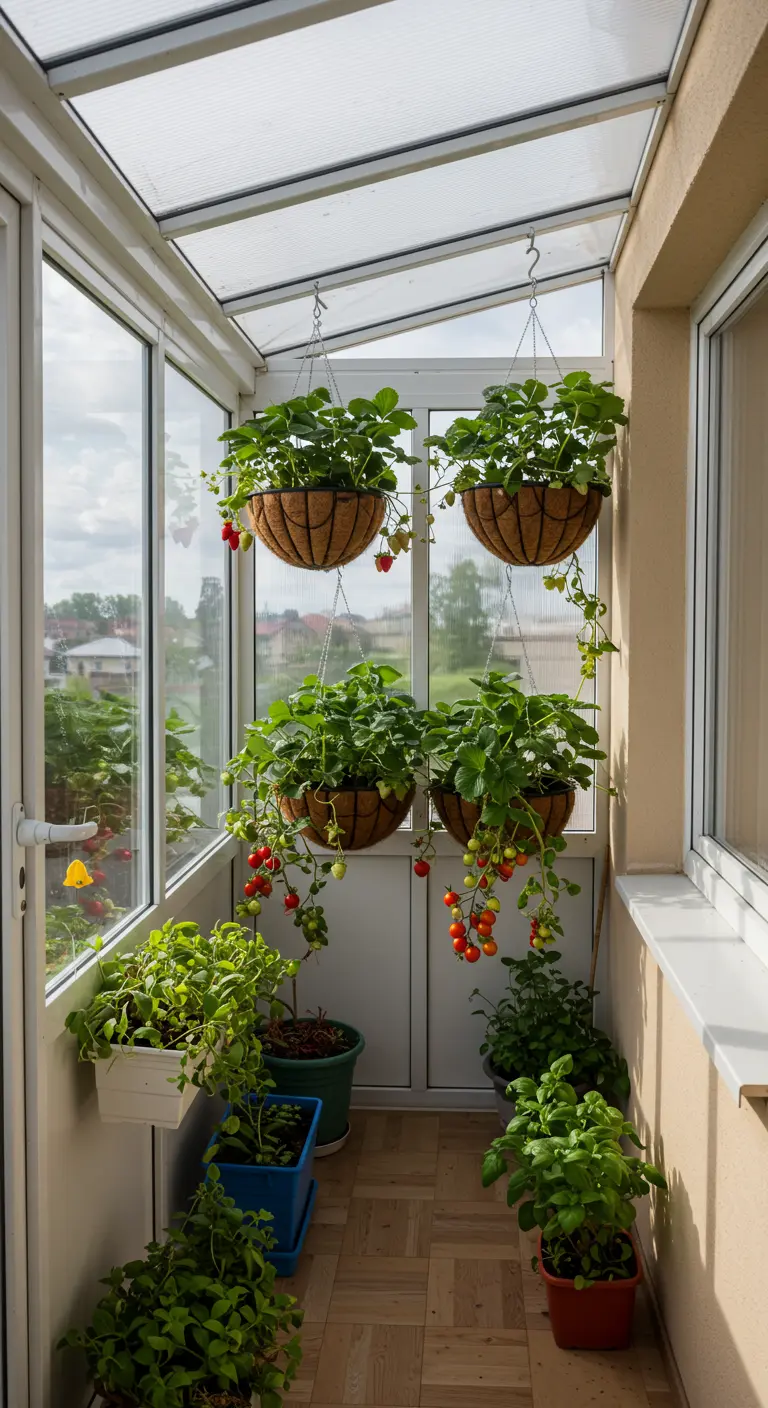 Paniers suspendus avec des fraisiers et des plants de tomates dans une véranda ensoleillée.