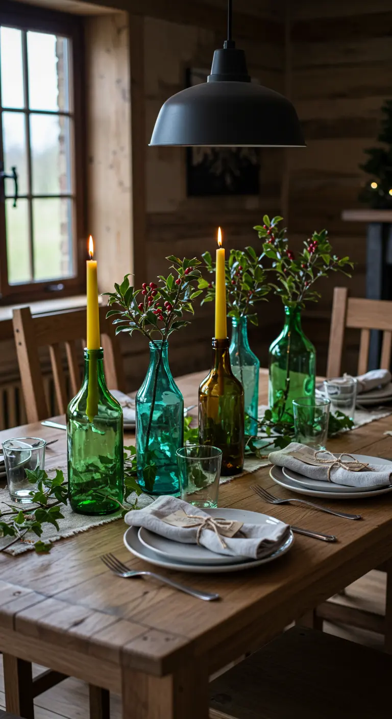 Table en bois rustique avec des bouteilles en verre vertes servant de bougeoirs et de vases.