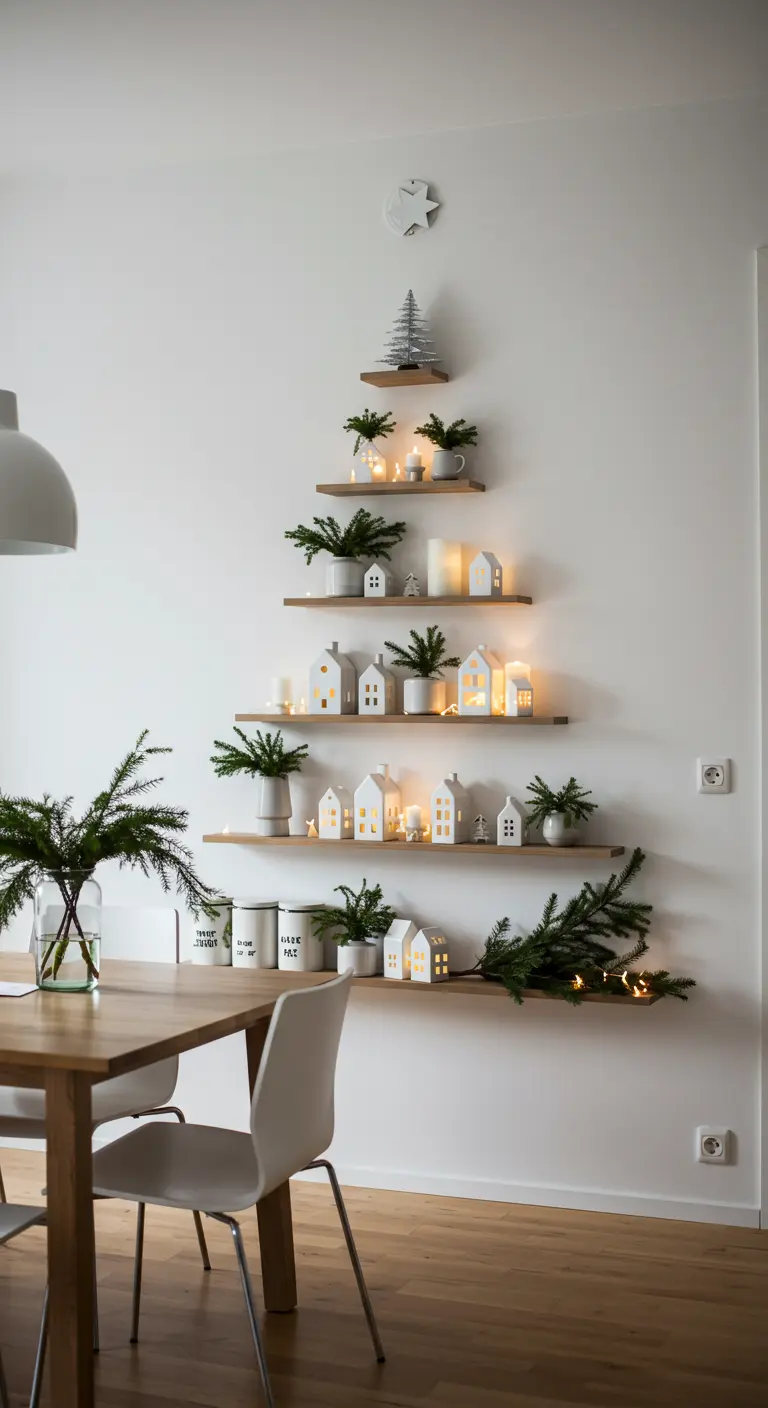 Sapin mural créé avec des étagères en bois portant des maisonnettes lumineuses et des plantes.