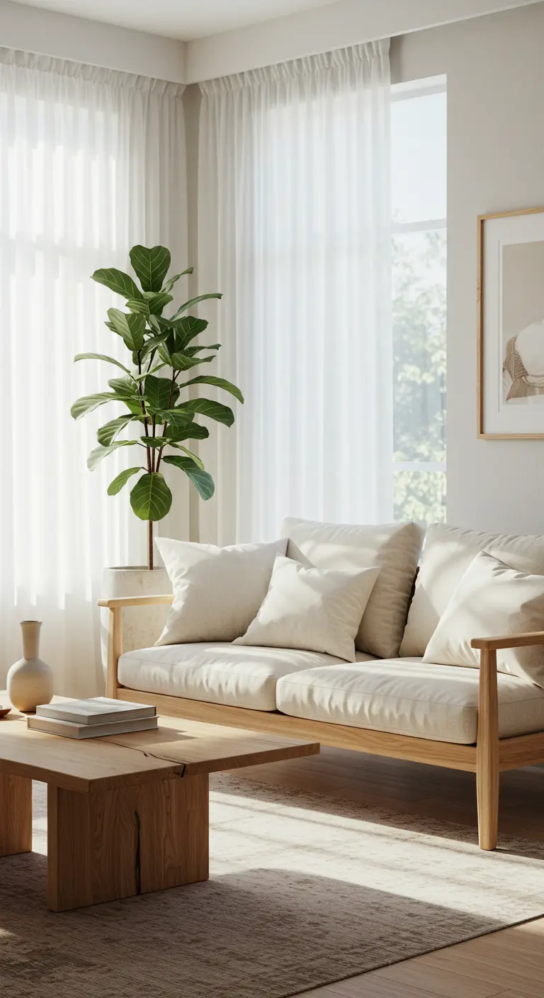 Salon lumineux avec canapé en bois clair, grande plante verte et voilages blancs diaphanes.