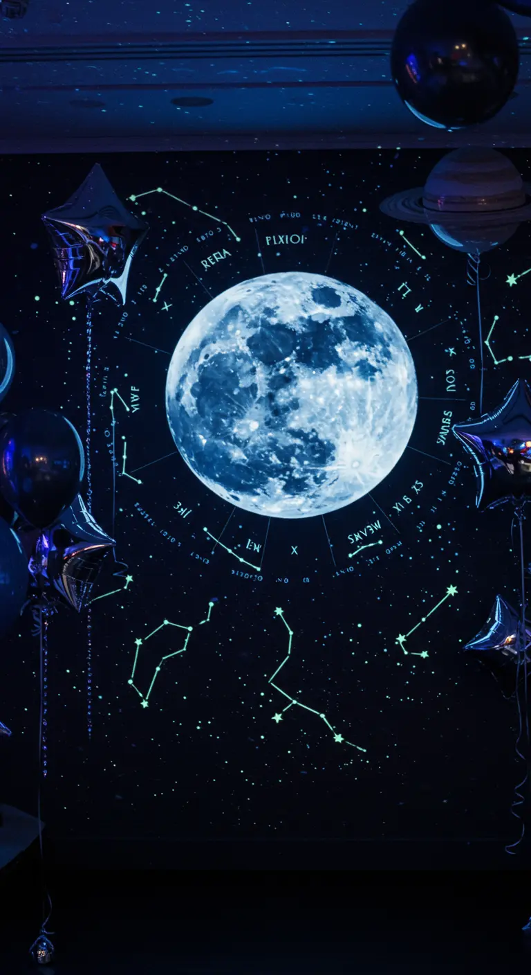 Mur noir avec une grande lune, des constellations et des ballons planètes.