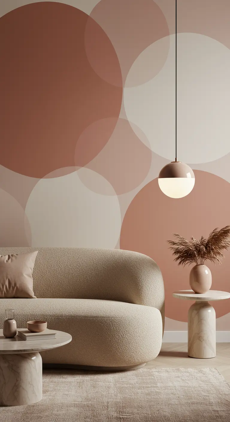 Mur avec de grands cercles superposés dans des tons terracotta, rose et beige.
