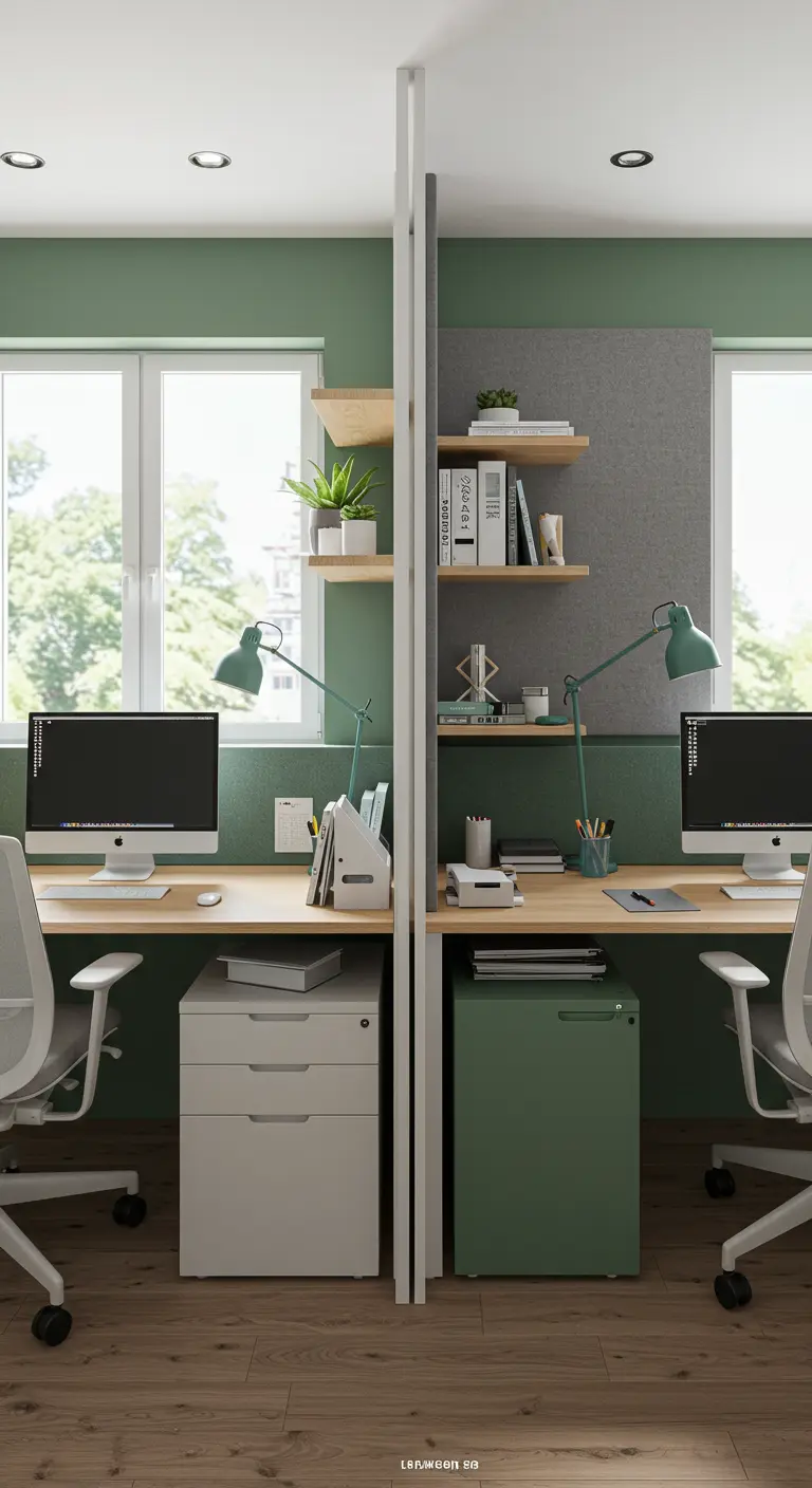 Deux bureaux jumeaux avec cloison de séparation, rangements mobiles et touches de vert.