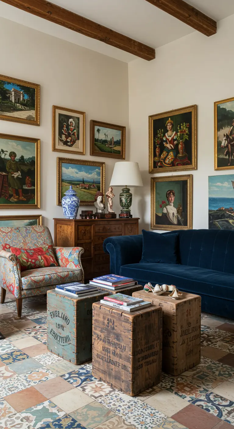 Salon éclectique avec des caisses en bois comme tables basses et un canapé en velours bleu.