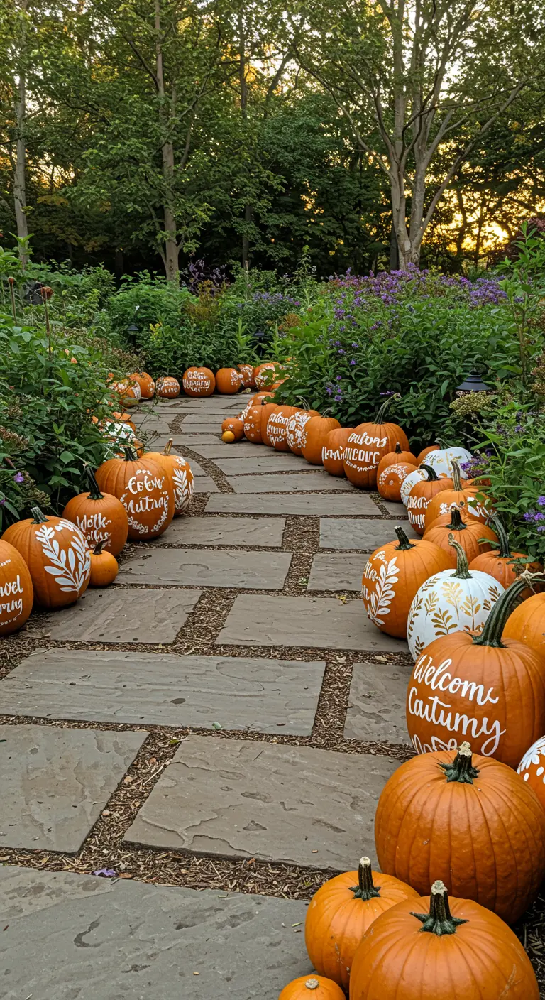 Des citrouilles peintes avec des messages de bienvenue le long d'un chemin de pierre.